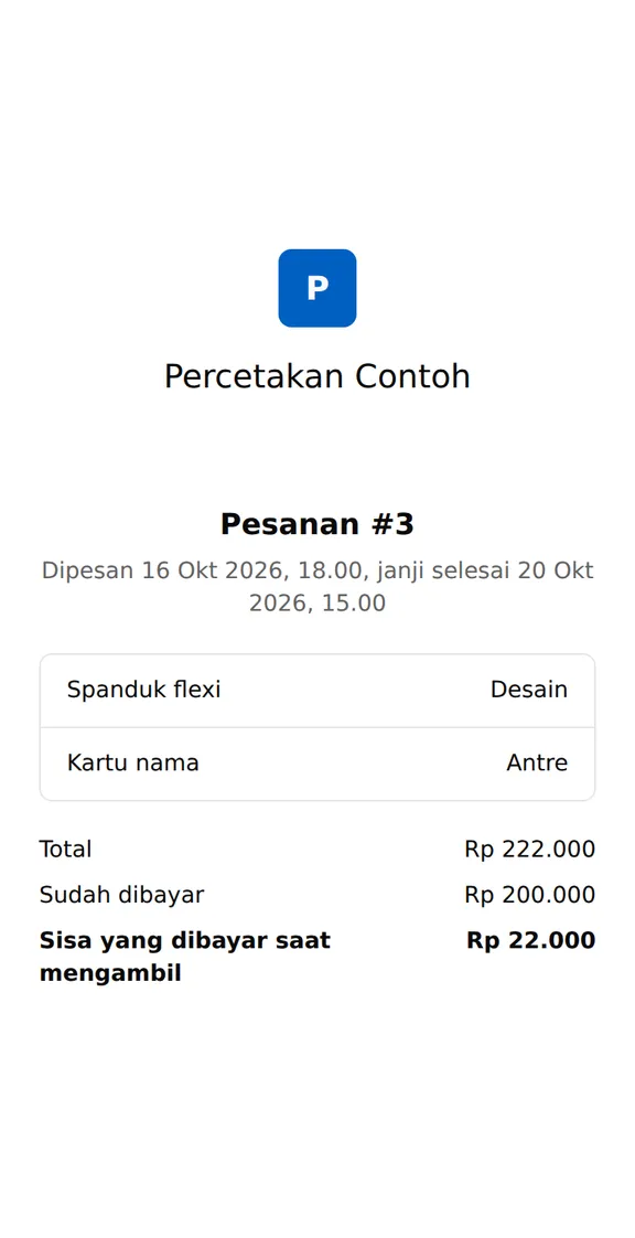 Halaman lacak pesanan di HP: nama percetakan, nomor pesanan, status setiap item, total, dan sisa pembayaran.